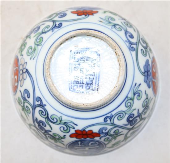 A Chinese doucai shou medallion bowl, bearing a Jiajing six character seal mark, 14cm